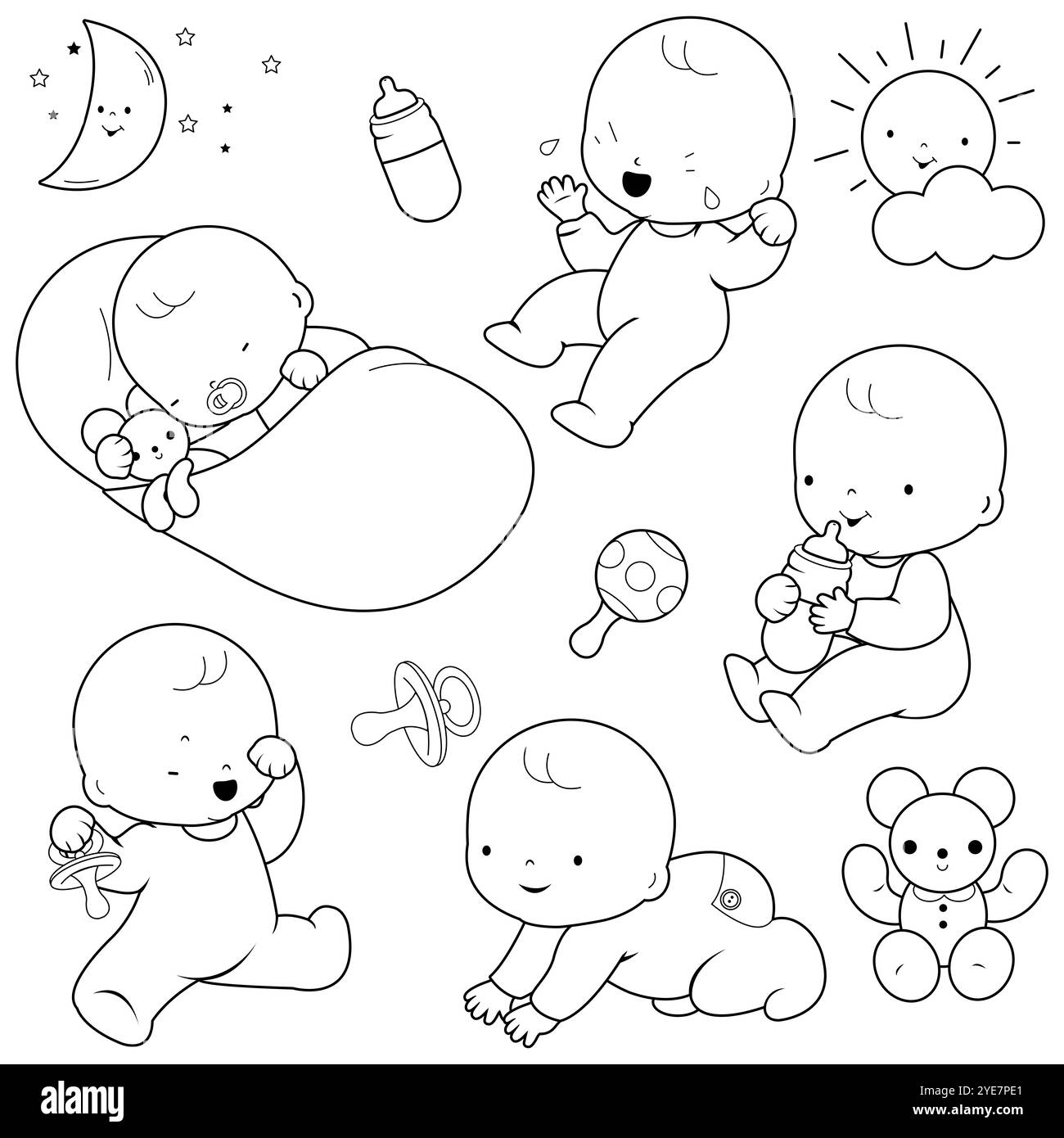 Bébés mignons. Bébé heureux dormant, buvant du lait, jouant. Tout-petit bébé fille et garçon. Coloriage noir et blanc Banque D'Images