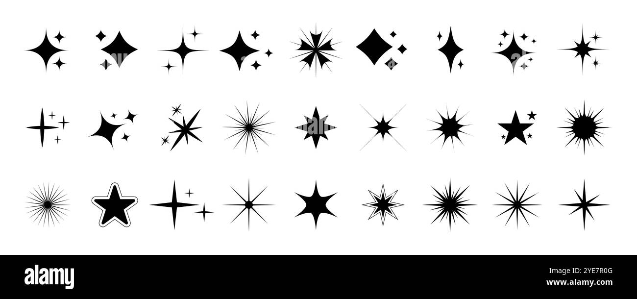 Ensemble d'étoiles scintillantes, ou brillantes, scintillantes, collection de formes d'étoiles d'éclat de soleil. Fusée lumineuse magique abstraite, pack de modèles d'icônes d'étoiles vectorielles pour les conceptions Illustration de Vecteur