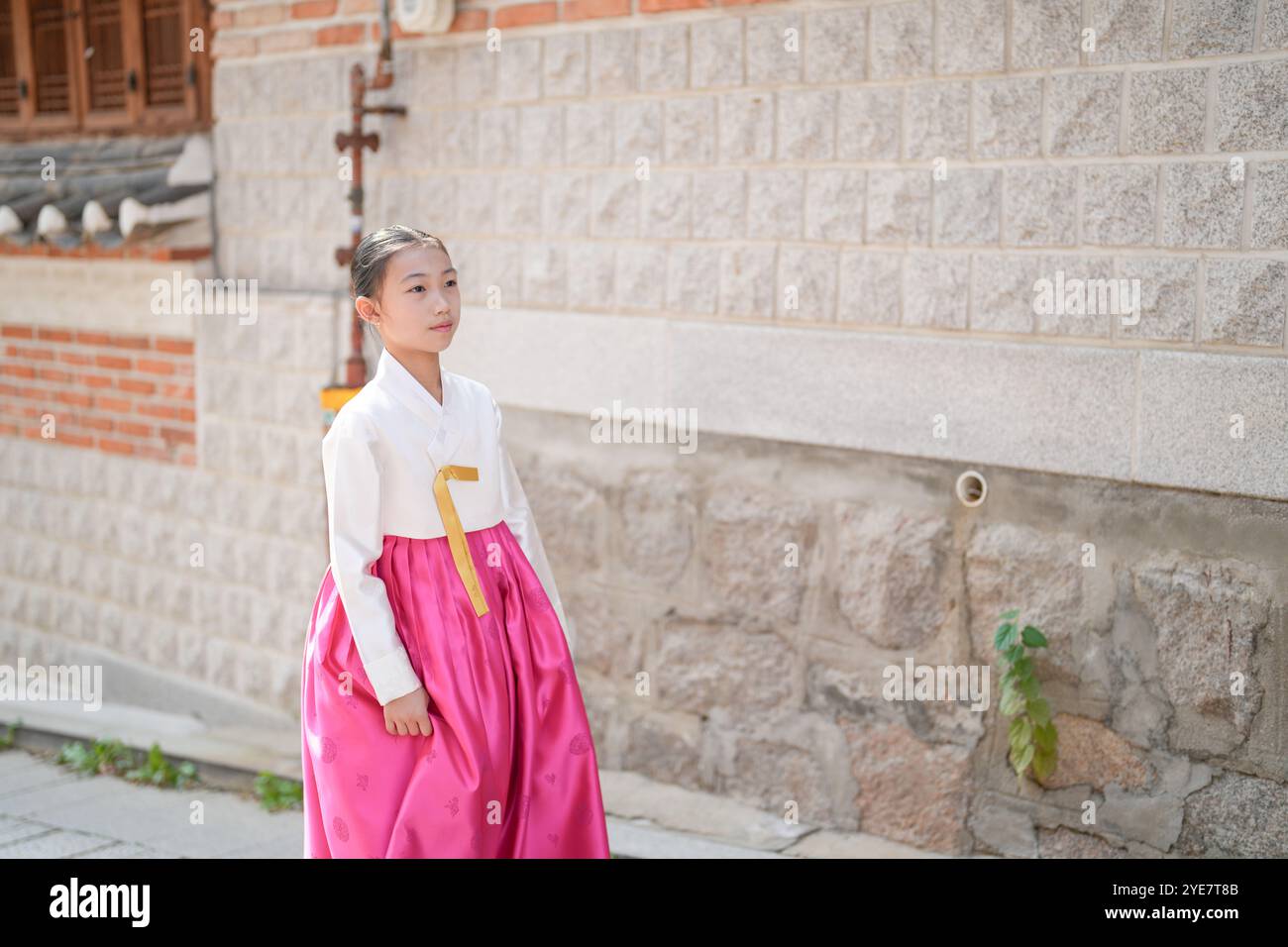 Une jeune coréenne de 9 ans portant un hanbok se promène dans les rues historiques de Gyedong-gil, district de Jongno, Séoul, Corée. Banque D'Images