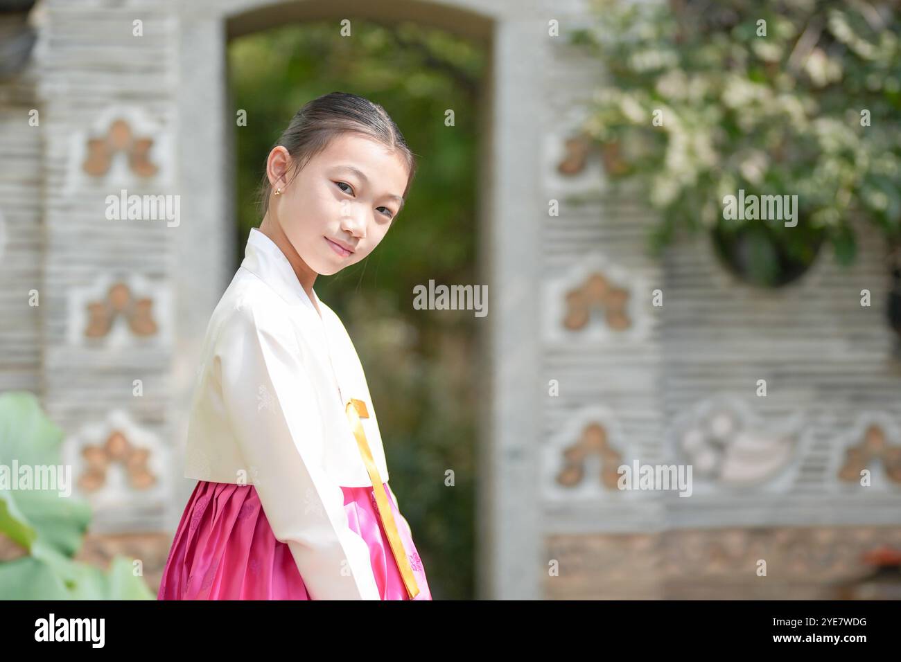 Une jeune coréenne de 9 ans portant un hanbok se tient devant une porte traditionnelle, la regardant dans la ville historique de Gyedong-gil, Jongno Distric Banque D'Images