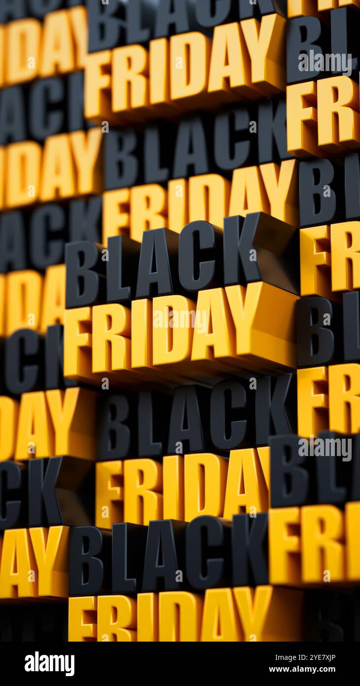Publication ou histoire de Black Friday sur les réseaux sociaux avec texte 3D en gras en noir et jaune, créant un arrière-plan dynamique pour les annonces de vente et de promotion Banque D'Images