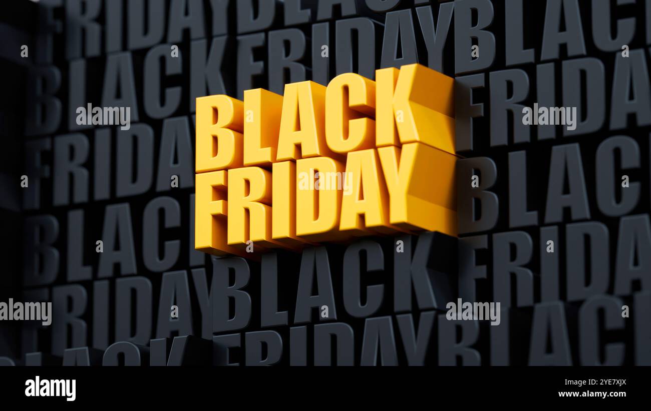 Texte Black Friday 3D en jaune gras sur fond de texte sombre, créant un design promotionnel saisissant pour les ventes et les publicités Banque D'Images