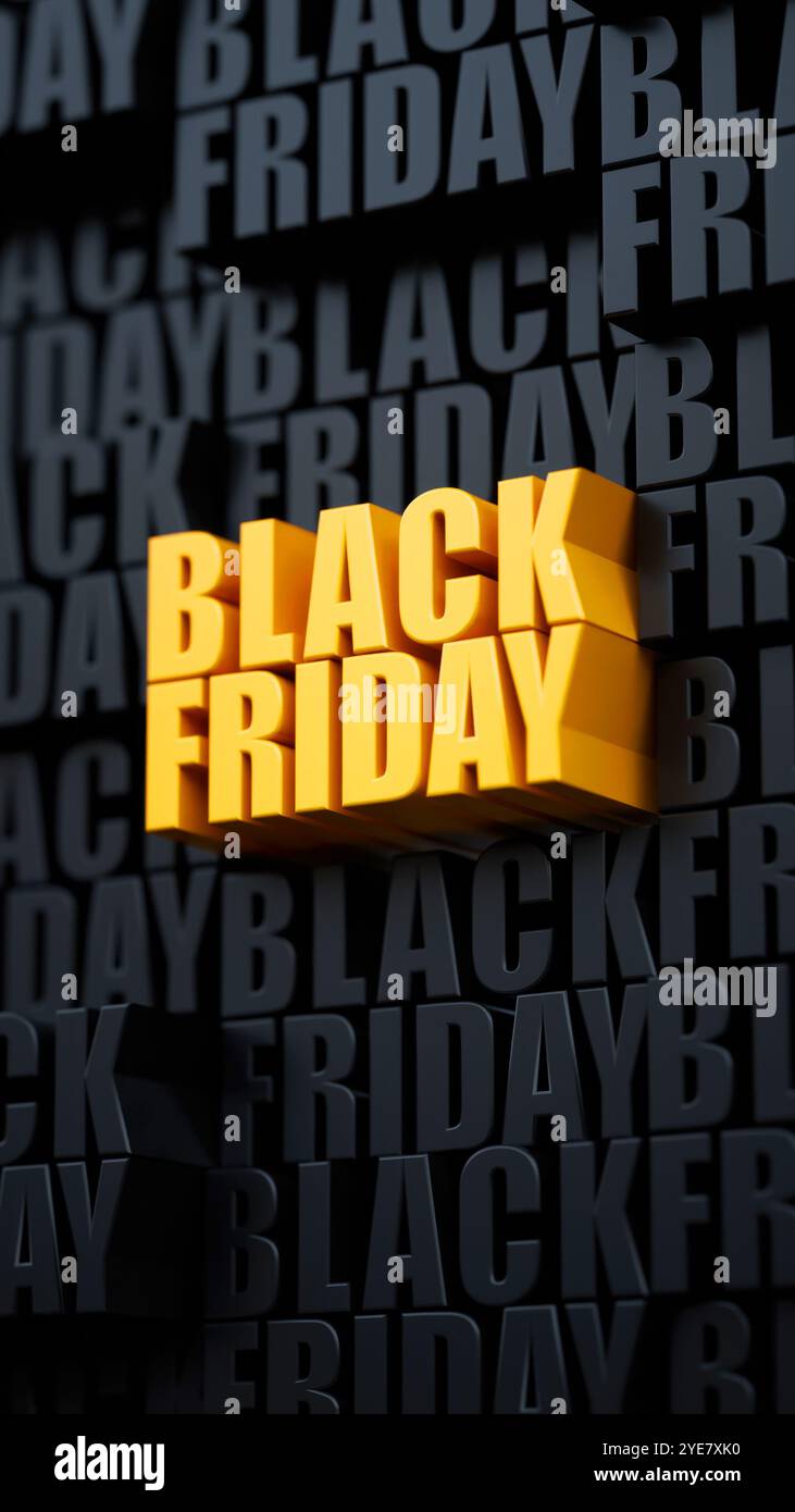 Publication sur les réseaux sociaux du Black Friday avec texte 3D en jaune gras sur fond de texte sombre, créant un design promotionnel saisissant pour les ventes et la publicité Banque D'Images