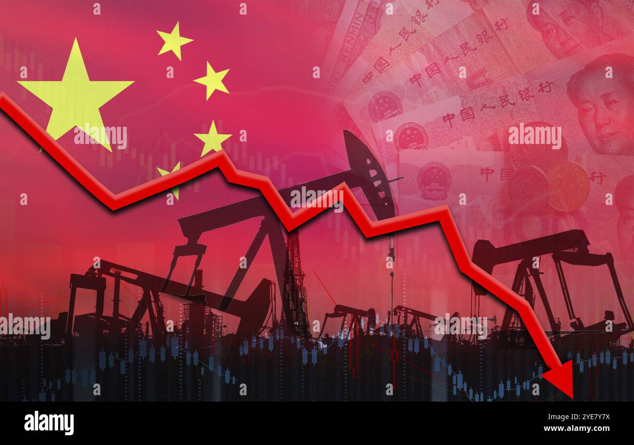 Concept de crise pétrolière avec drapeau chinois. Crise pétrolière avec le drapeau de la Chine sur le graphique économique Banque D'Images