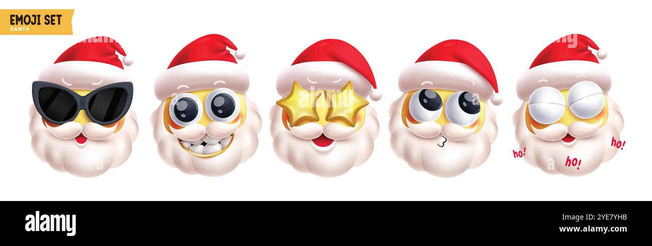 Jeu de vecteur de personnages de noël emoji santa claus. Emojis émoticône personnage de Noël dans cool, souriant, étonner, drôle, heureux et mignon visage portant chapeau rouge Illustration de Vecteur