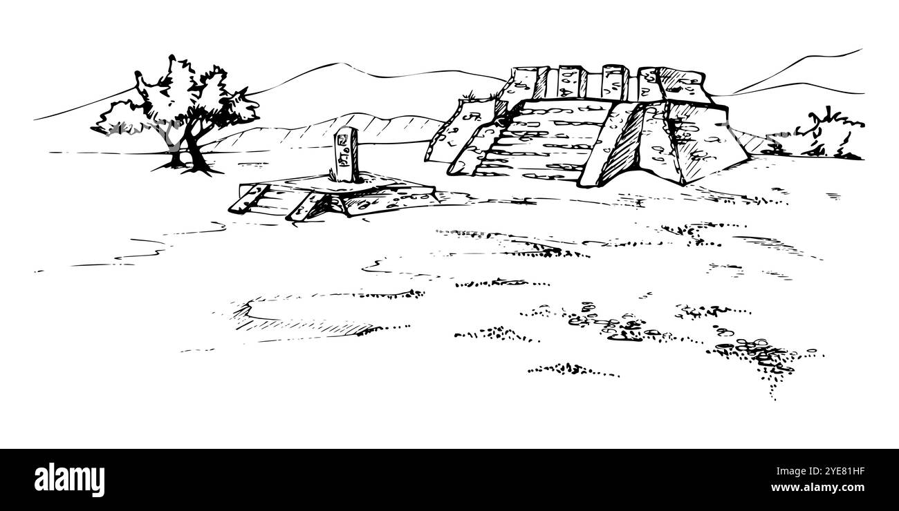 Mesoamerica Aztec ruines pyramidales antiques sur un champ herbeux plaine avec arbre, montagnes collines en toile de fond. Illustration vectorielle d'encre dessinée à la main, scénique isolé Illustration de Vecteur