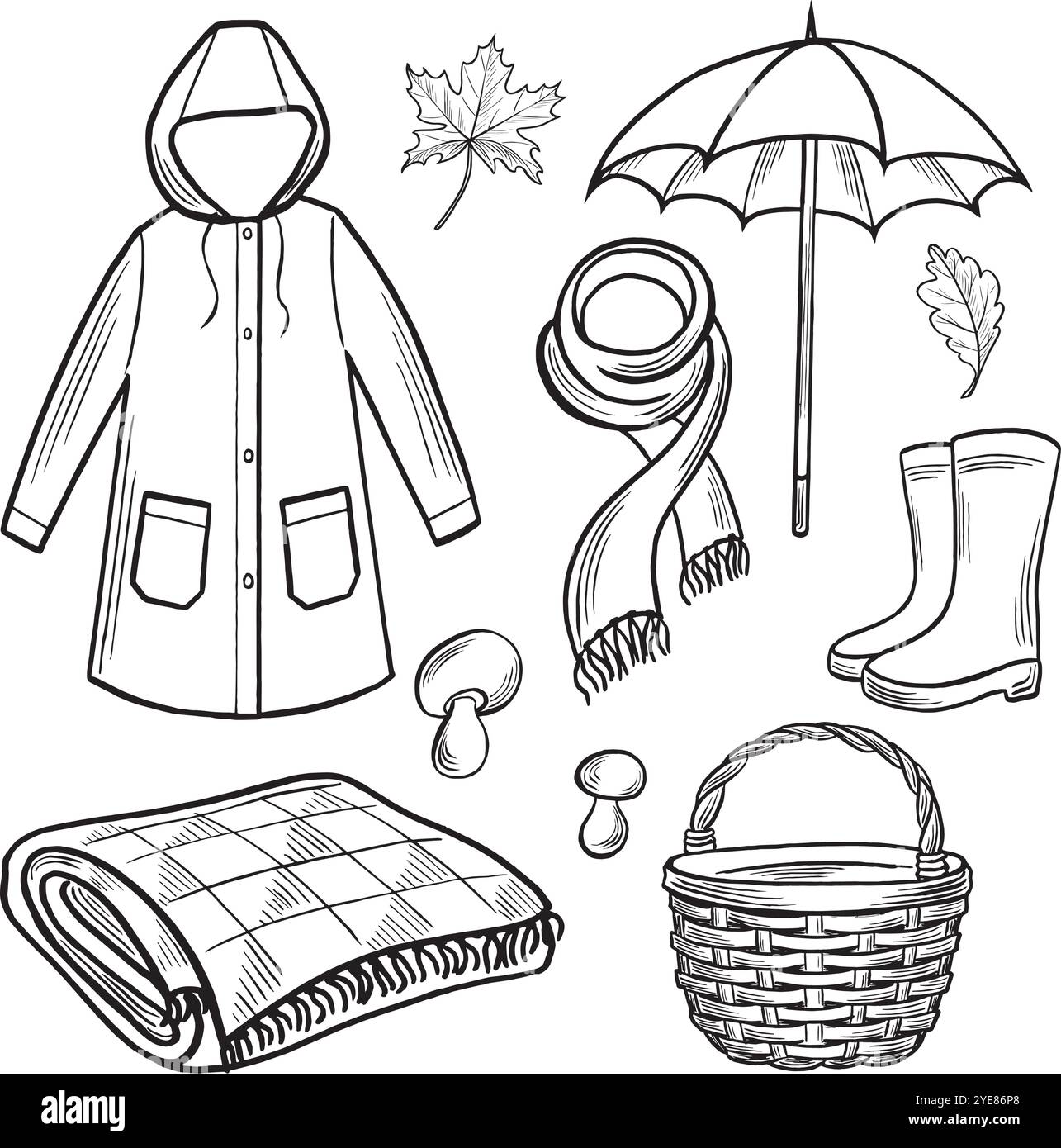 Vêtements d'automne et parapluie. Imperméable, écharpe et bottes en caoutchouc. Panier avec couverture, champignons et feuilles. Définir l'esquisse vectorielle. Illustrations au trait, à la main Illustration de Vecteur