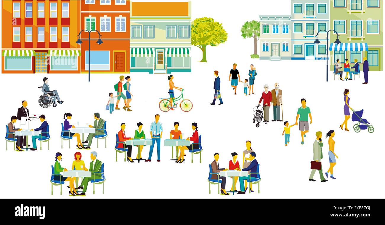 Groupes de personnes dans leur temps libre dans un quartier résidentiel avec des restaurants, illustration Banque D'Images
