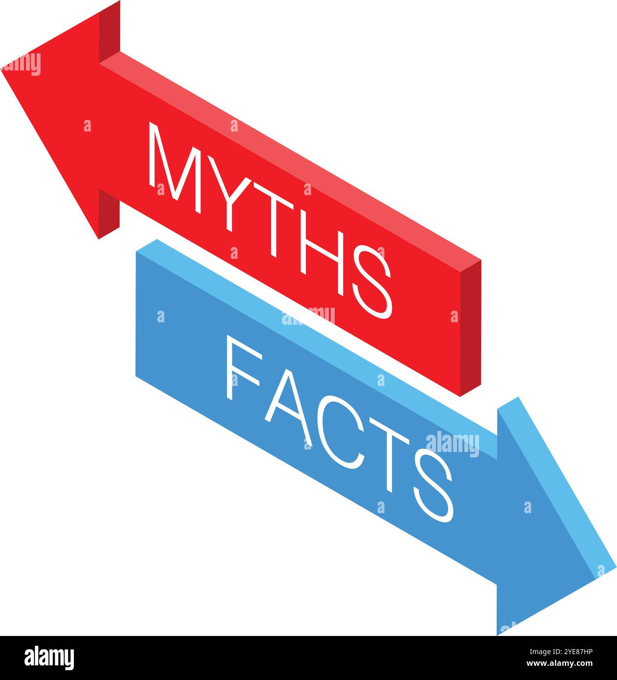 Flèches rouges et bleues pointant dans des directions opposées avec les mots mythes et faits écrits dessus, représentant le contraste entre la vérité et la désinformation Illustration de Vecteur