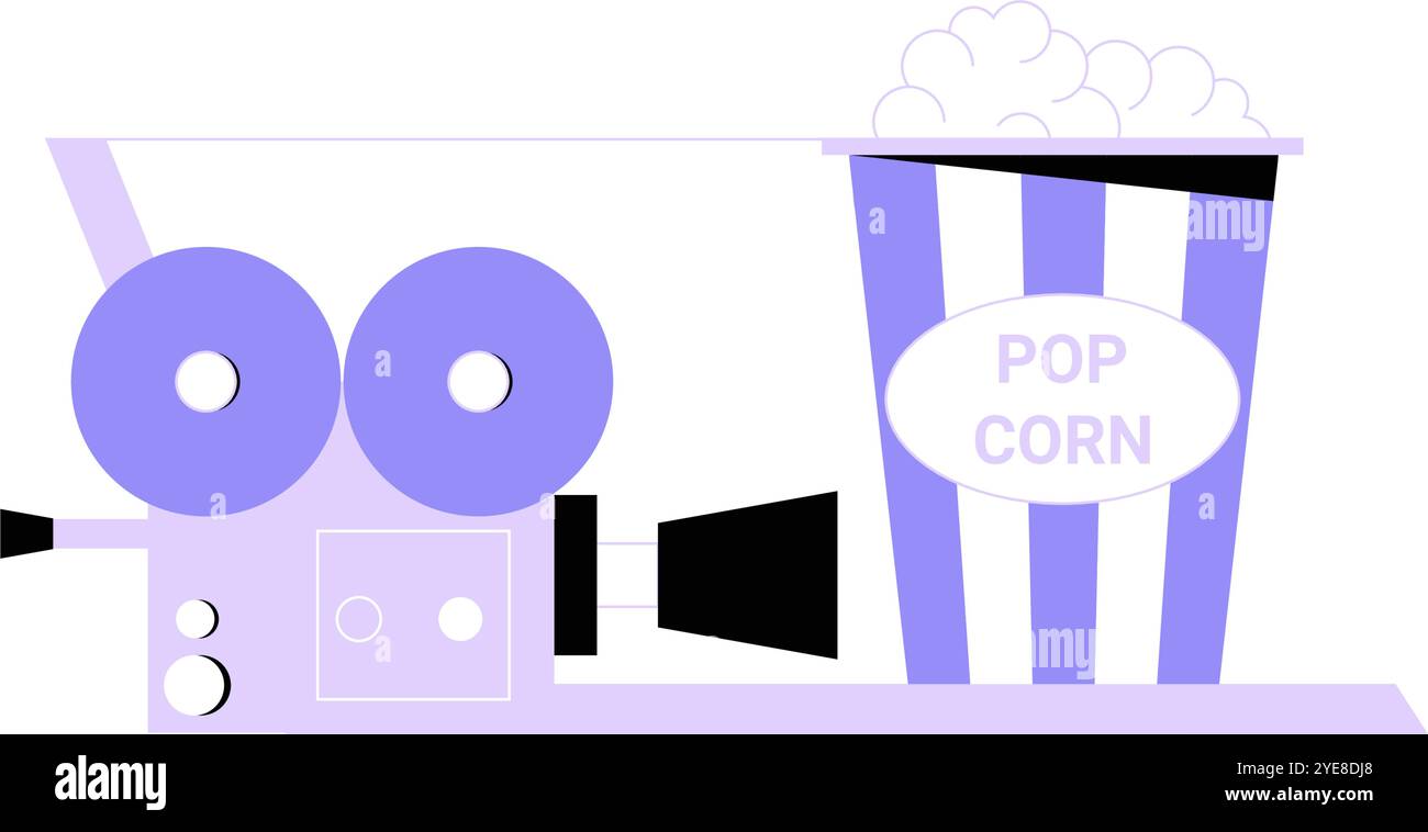 Caméra de film et Popcorn dans l'illustration vectorielle plate symbolisant le cinéma, le divertissement et l'expérience cinématographique, isolé sur fond blanc. Illustration de Vecteur