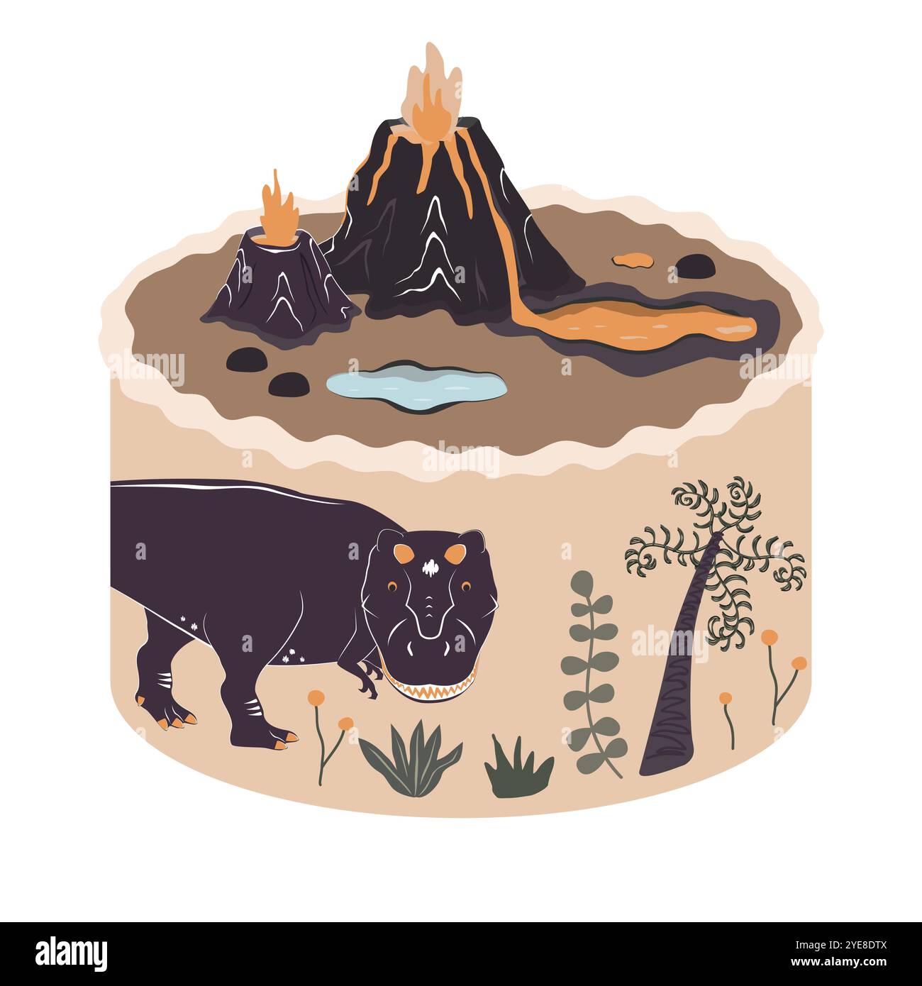 Gâteau bento mignon avec dinosaure, volcan et plantes préhistoriques. Jurassic Happy Birthday élément de conception de sujet pour bébés et enfants. Vecteur isolé Illustration de Vecteur