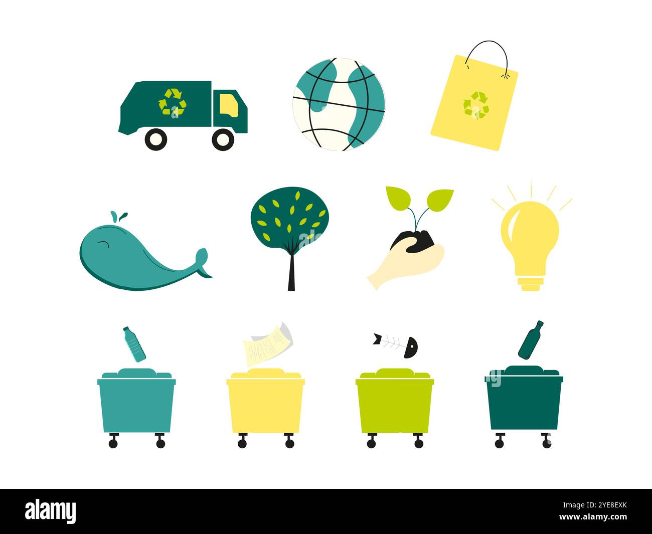 Ensemble d'articles de recyclage inclus camion à ordures, sac en papier, arbre, plante, ampoule, poubelles, baleine comme habitant de l'océan. Illustration de Vecteur Ensemble d'articles de recyclage inclus camion à ordures, sac en papier, arbre, plante, ampoule, poubelles, baleine comme habitant de l'océan. Illustration de Vecteur
