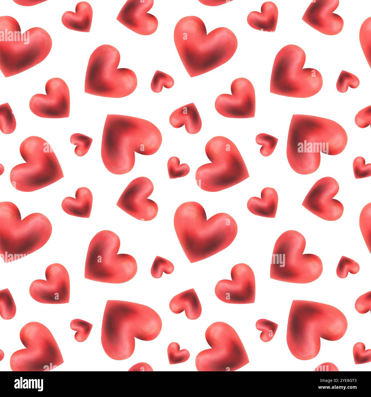Coeurs rouge passionné, volumineux, différentes tailles et inclinaisons, romantique pour les mariages, Saint-Valentin. Illustration aquarelle dessinée à la main. Sans couture Banque D'Images