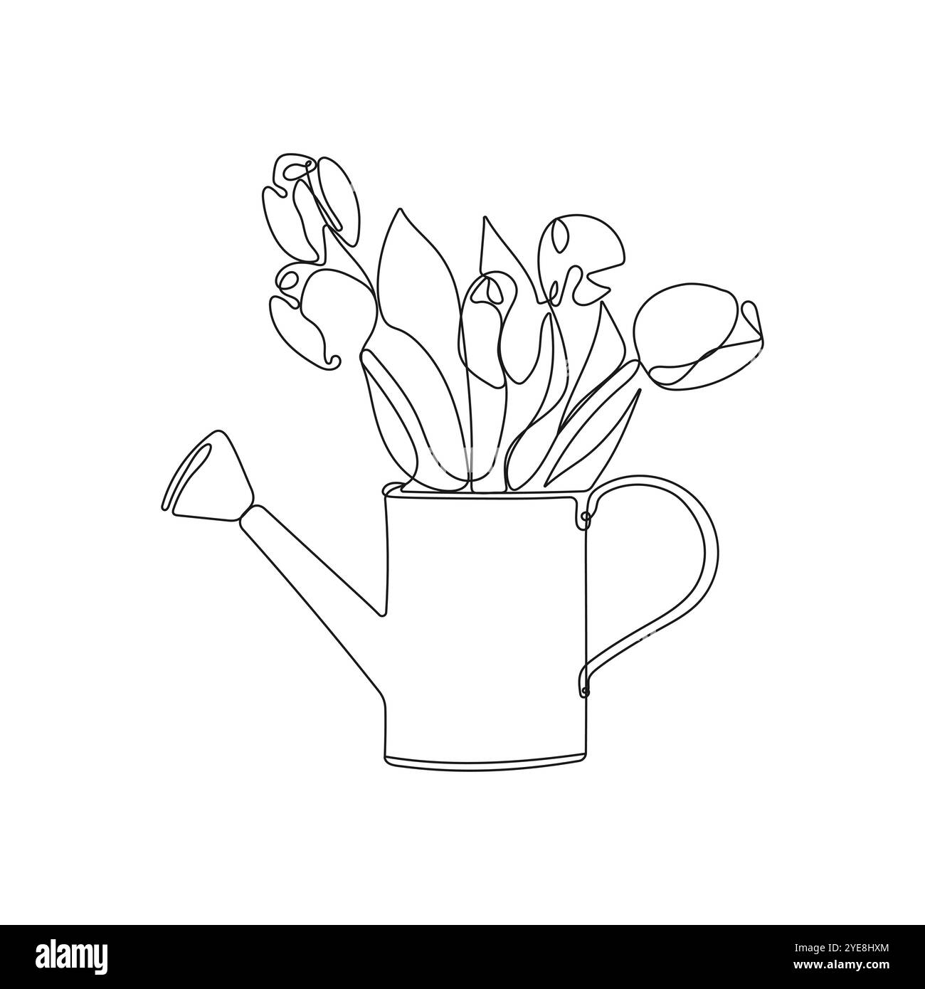 Arrosoir avec des fleurs. Une seule ligne Bouquet de tulipes dans un arrosoir. Illustration vectorielle de printemps. Illustration de Vecteur