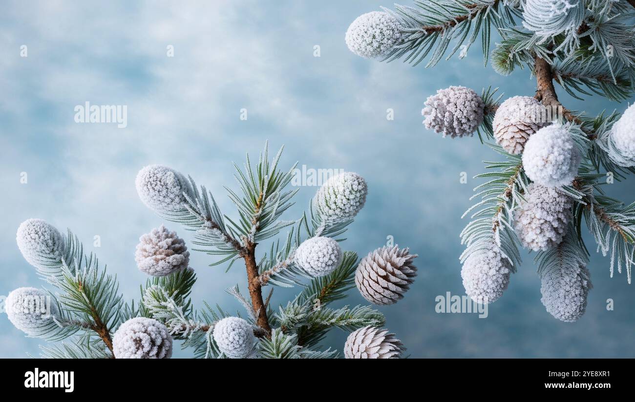 Branches de pin couvertes de gel avec pommes de pin. L'arrière-plan est flou et suggère un paysage d'hiver frais. AI généré Banque D'Images