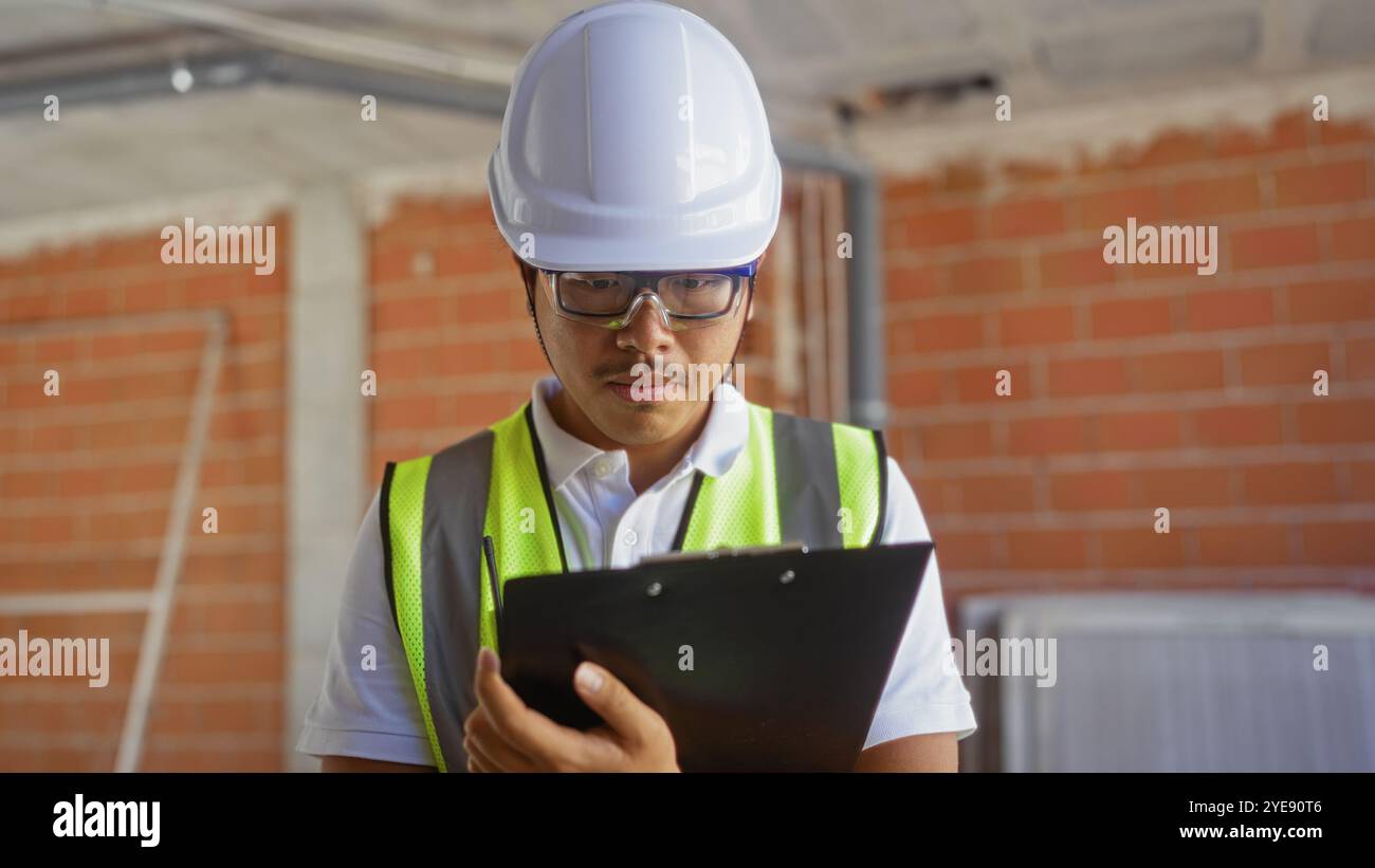 Un jeune homme portant un casque de sécurité et un gilet de sécurité vérifie une planche à pince sur un chantier de construction à l'intérieur Banque D'Images