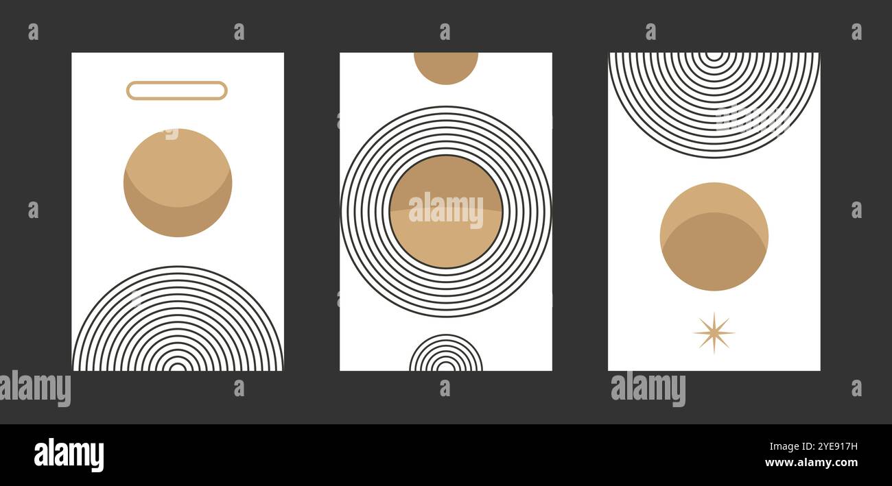 Triptyque d'art mural minimaliste abstrait. Planète Abstrarct avec lune. Formes géométriques de couleur pastel, conception de cercles. Illustration de Vecteur