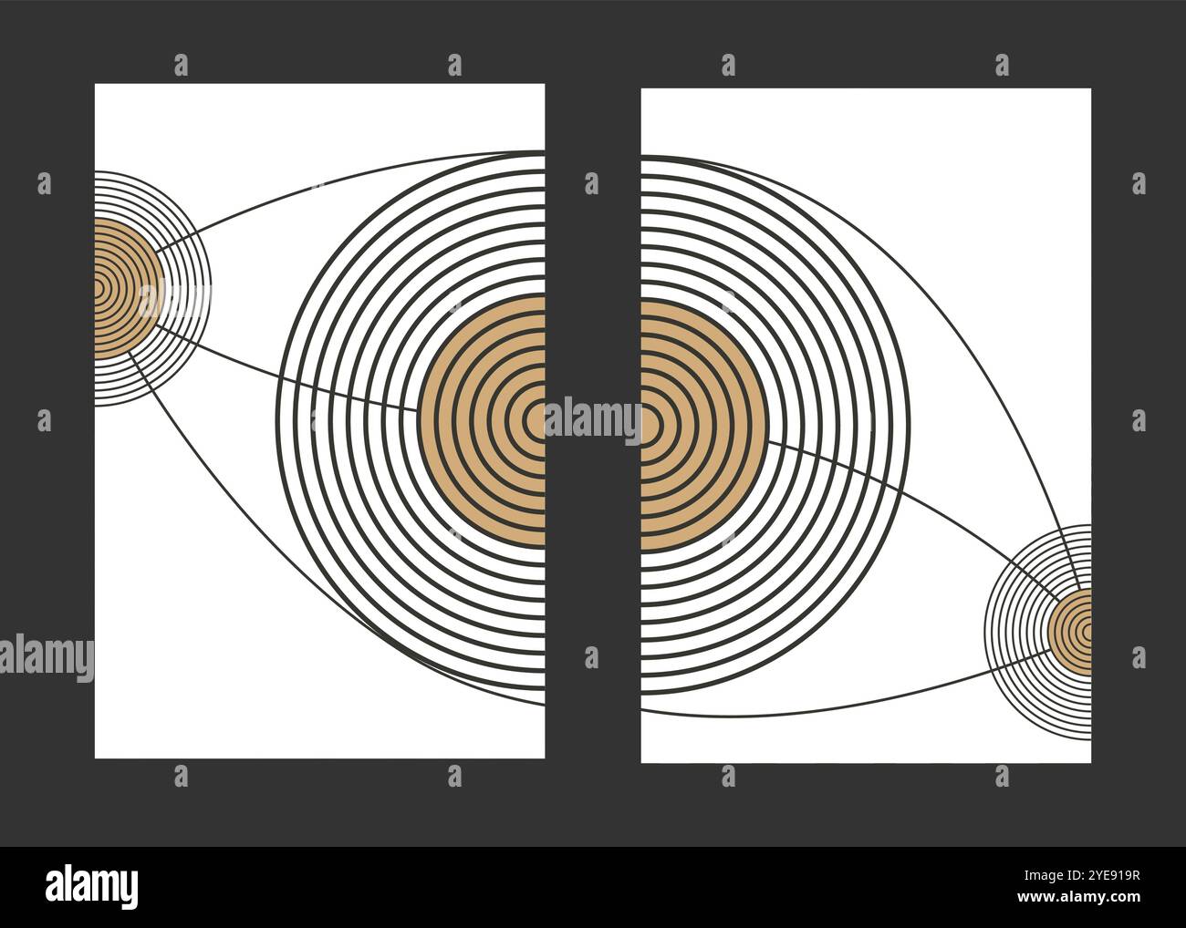 Diptyque d'art mural minimaliste abstrait. Affiches de cercles minimalistes reliés par des courbes. Planètes abstraites. Formes géométriques de couleur pastel, conception de cercles. Illustration de Vecteur