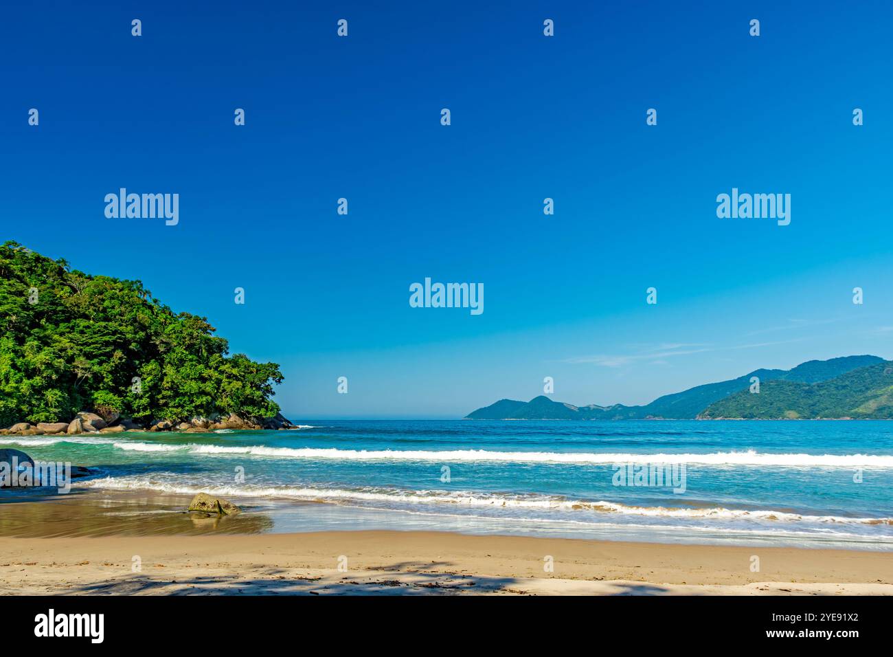 Montagnes, forêt et mer à la plage de Castelhanos sur l'île d'Ilhabela à Sao Paulo Banque D'Images