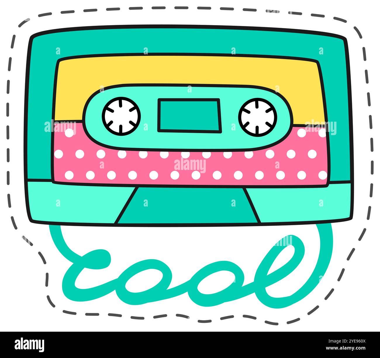 Cool rétro design de patch de cassette audio avec contour cousu, évoquant des sentiments de nostalgie pour la musique et la mode des années 1980 et 1990 Illustration de Vecteur