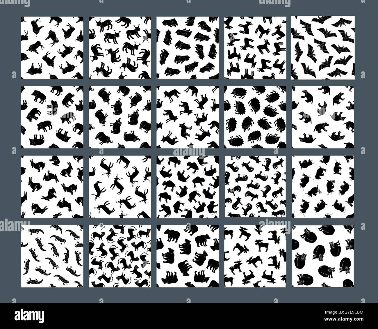 Une variété de motifs représentant des silhouettes d'animaux sauvages couvre une surface blanche Illustration de Vecteur