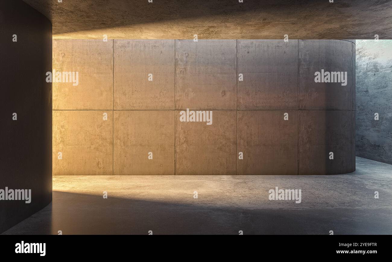 Intérieur de bâtiment en béton vide avec la lumière du soleil éclairant les murs 3d Banque D'Images