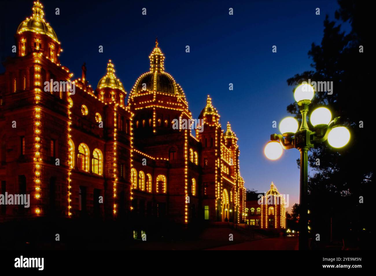 Les édifices du Parlement de la Colombie-Britannique la nuit à Victoria sur l'île de Vancouver, C.-B., Canada ; Victoria, Colombie-Britannique, Canada Banque D'Images