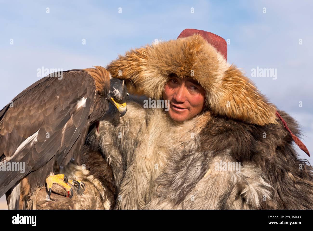 Chasseur d'aigle mongol avec Aigle doré (Aquila chrysaetos) au Festival de l'aigle en Mongolie ; Olgii, Mongolie Banque D'Images