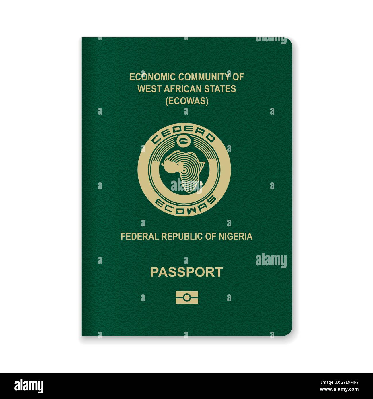 Gros plan d'une couverture de passeport nigérian avec texte doré et emblème sur fond marron. Illustration de Vecteur