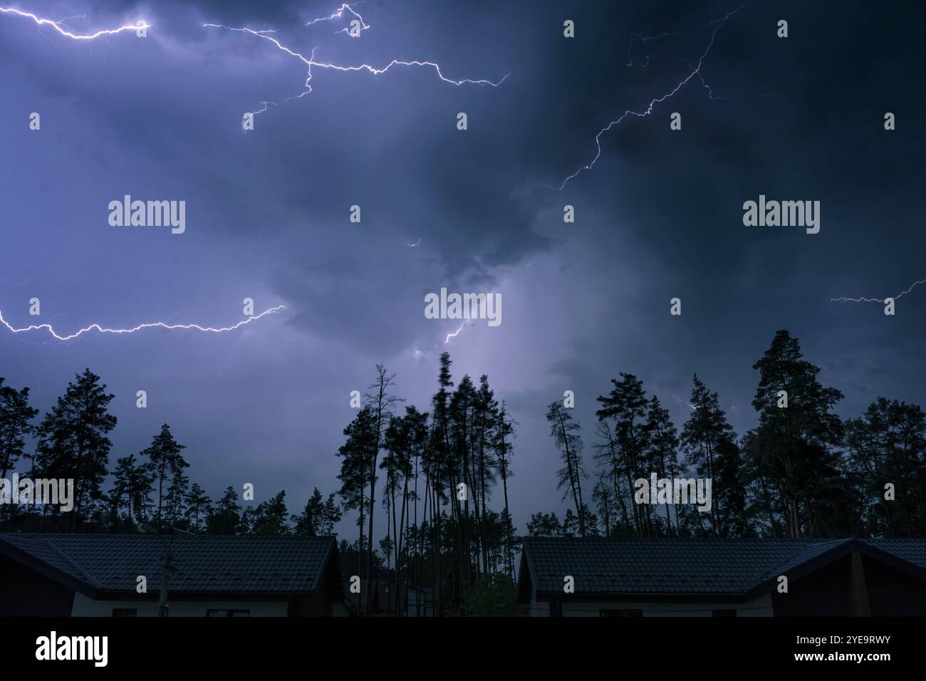 Ciel nocturne dramatique avec des éclairs lumineux pendant un orage. Orage dans les banlieues, la forêt et les maisons. Banque D'Images