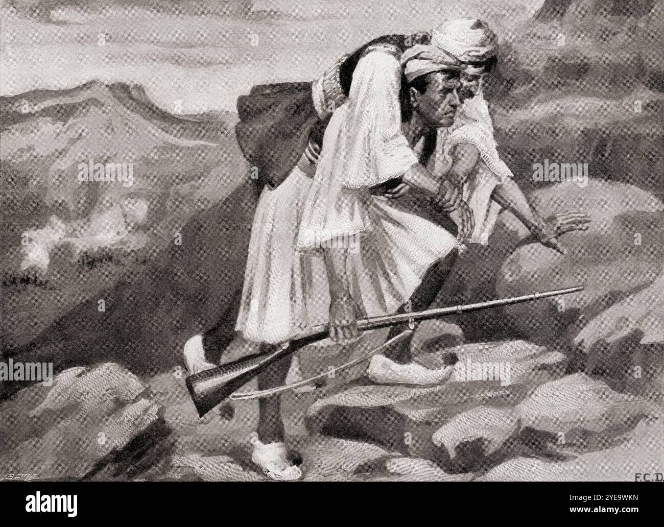 Un Raider grec a tiré alors qu'il transportait un camarade blessé pendant la guerre gréco-turque de 1897, alias la guerre ottomane-grecque de 1897, la guerre de trente jours, la guerre noire '97 ou la guerre malheureuse. Tiré du journal Graphic Illustrated Weekly, publié en 1897. Tiré du journal Graphic Illustrated Weekly, publié en 1897. Banque D'Images