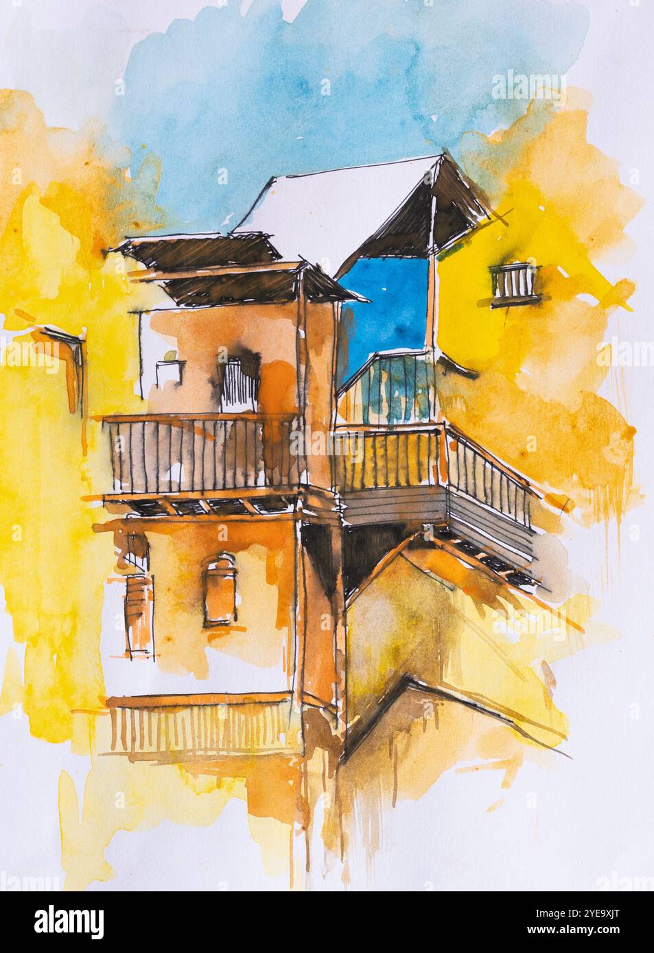Belle aquarelle de maisons urbaines indiennes ensoleillées. Art aquarelle peint à la main créé avec de la peinture aquarelle et des pinceaux. Banque D'Images