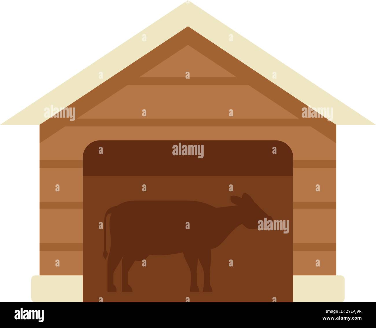 Cette illustration vectorielle présente une silhouette de vache debout dans un bâtiment de grange en bois, parfait pour les concepts d'animaux de ferme Illustration de Vecteur