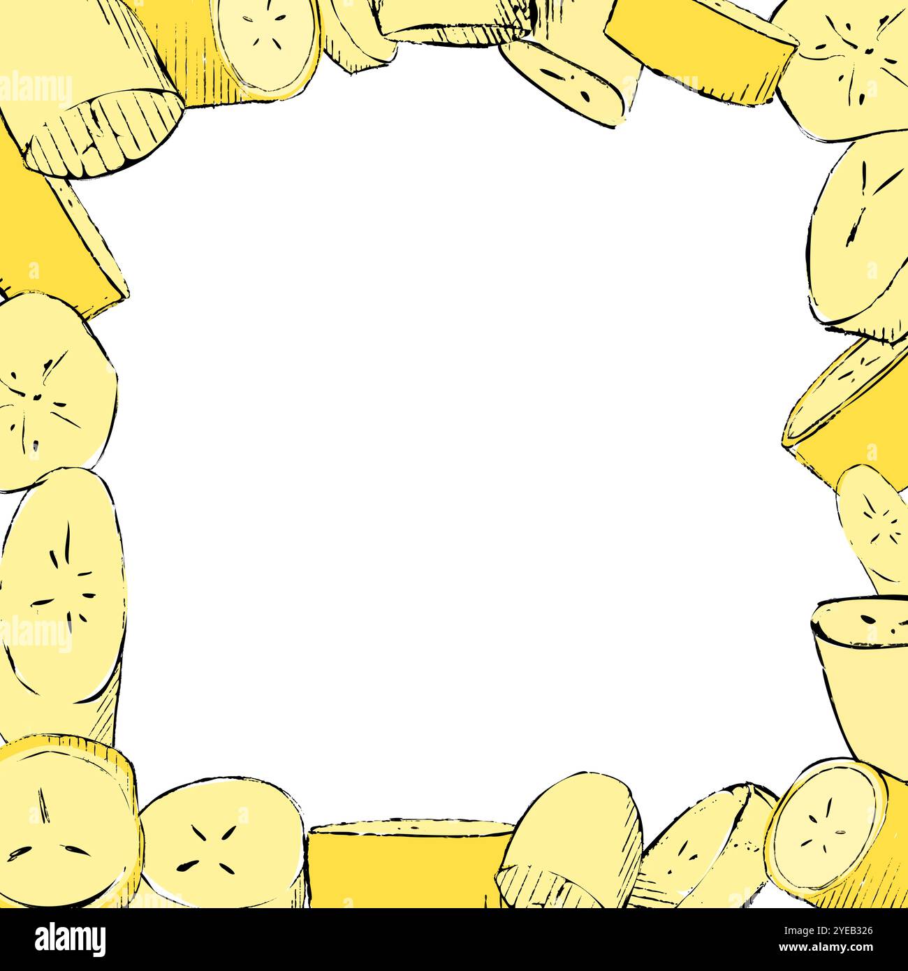 Cadre carré avec des tranches de bananes graphiques dans la peau sur le fond. Illustration vectorielle. Convient pour l'impression, les médias sociaux et les décors. Illustration de Vecteur