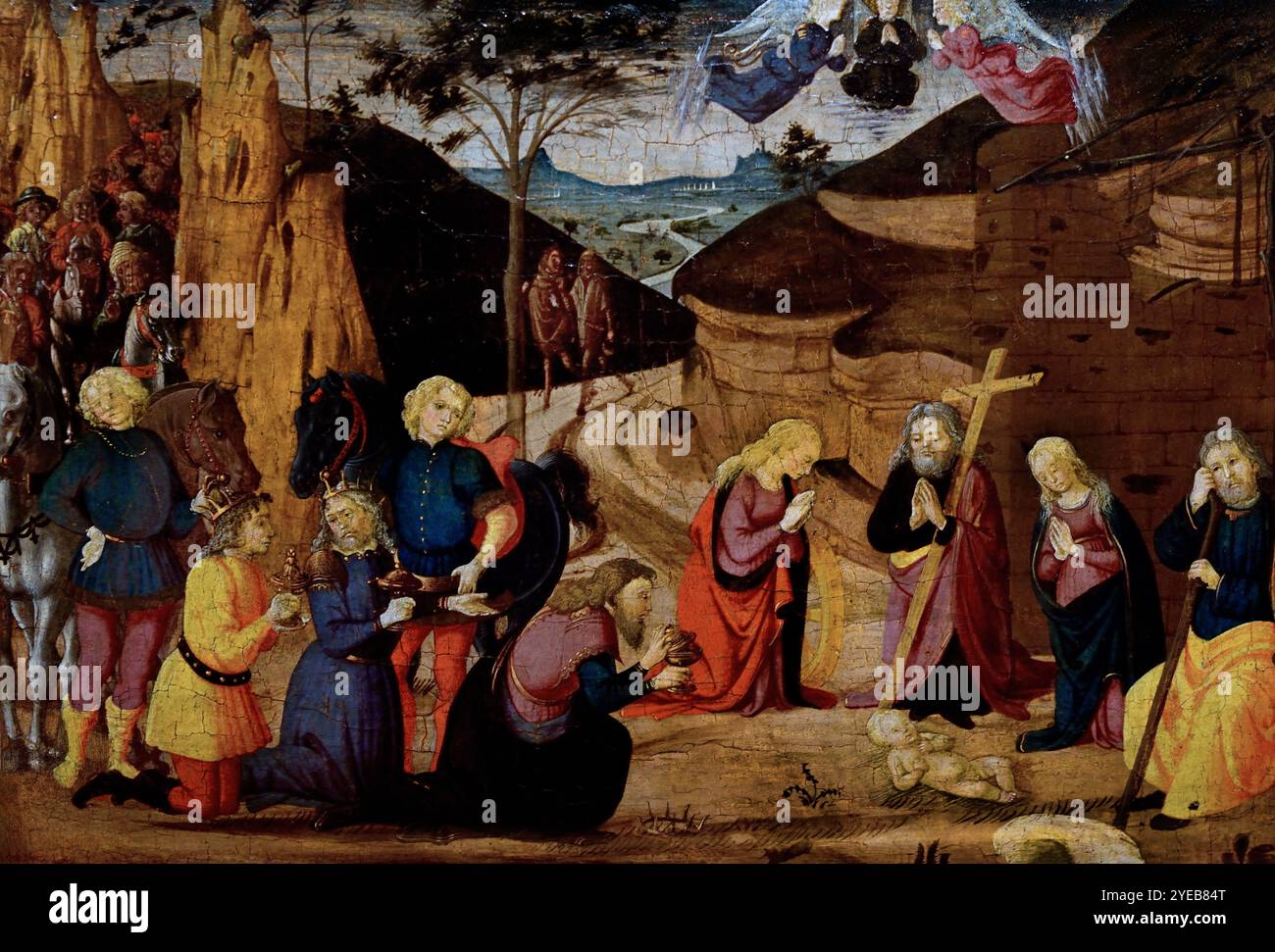 L'Adoration des Mages par Biagio d'Antonio, 1446-1516 Florence Italie, italienne, fin du XVe siècle. Musée des Beaux-Arts de Dijon France ( Adoration, Mages, Adoration des Rois, Nativité de Jésus, trois Mages, représentés comme des rois, trouvèrent Jésus en suivant une étoile, déposèrent devant lui des dons d'or, d'encens et de myrrhe, et l'adorèrent, Banque D'Images