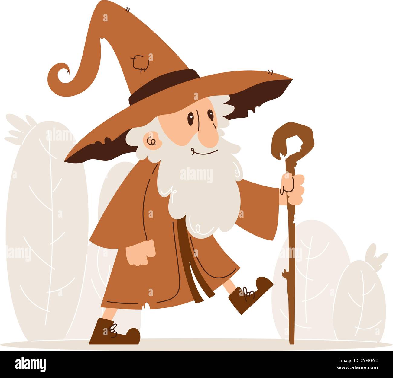 Illustration de dessin animé fantaisiste d'un sorcier amical avec une longue barbe et un chapeau, marchant avec un personnel sur un fond simple. Illustration de Vecteur
