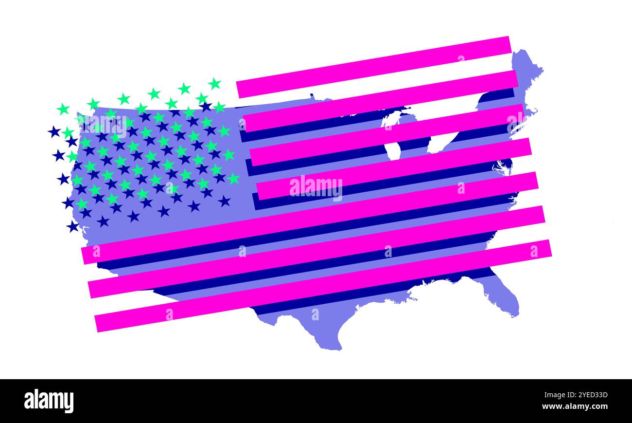 états-unis et drapeau américain, jeu graphique comme une peinture «pop art». illustration graphique 3d avec superposition de couleur éclectique. États-Unis, Independe Banque D'Images