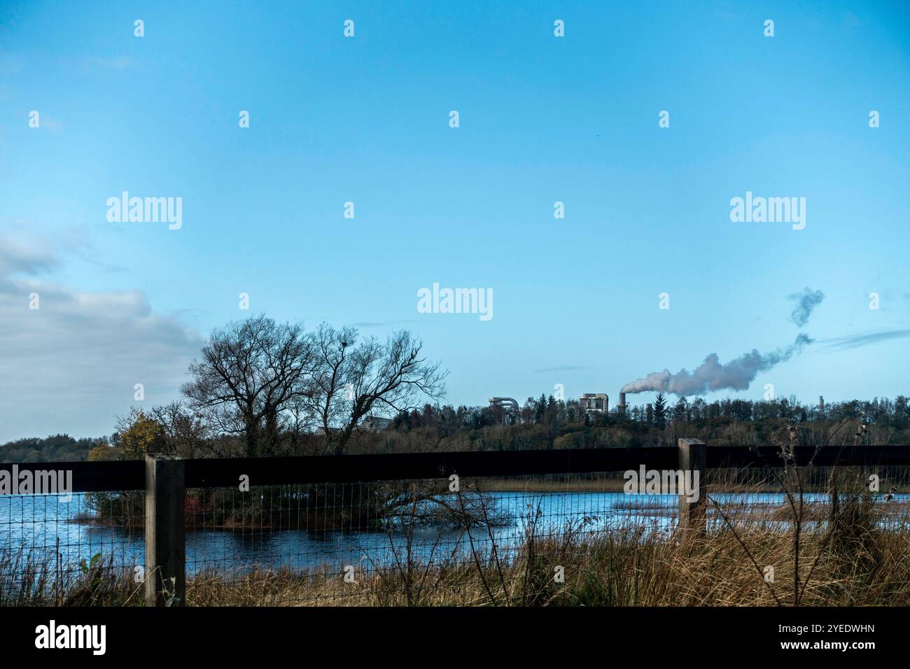 Panaches de fumée s'élevant de l'usine Masonite près de Carrick sur Shannon à Leitrim, Irlande. Banque D'Images