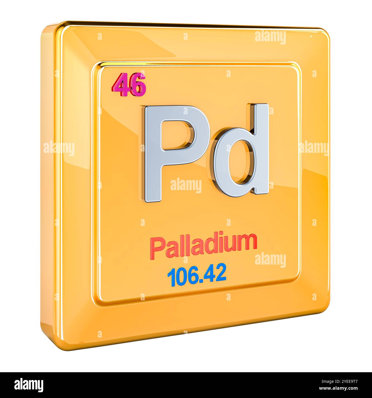 Palladium Pd, signe d'élément chimique avec le numéro 46 dans le tableau périodique. Rendu 3D isolé sur fond blanc Banque D'Images