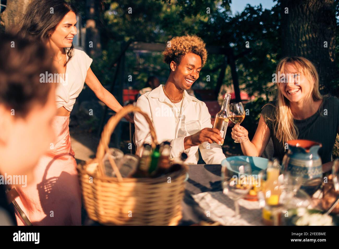 Heureux amis masculins et féminins grillant des boissons pendant le dîner dans la cour arrière Banque D'Images