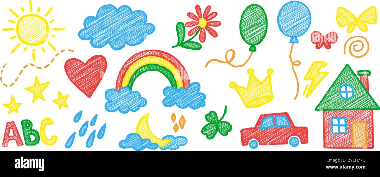 Crayon gribouille pour enfants. Illustrations d'école de crayon de couleur vectorielle sur fond blanc. Fleurs maison arc-en-ciel et mignons esquisses d'enfant de soleil. Main de craie Illustration de Vecteur