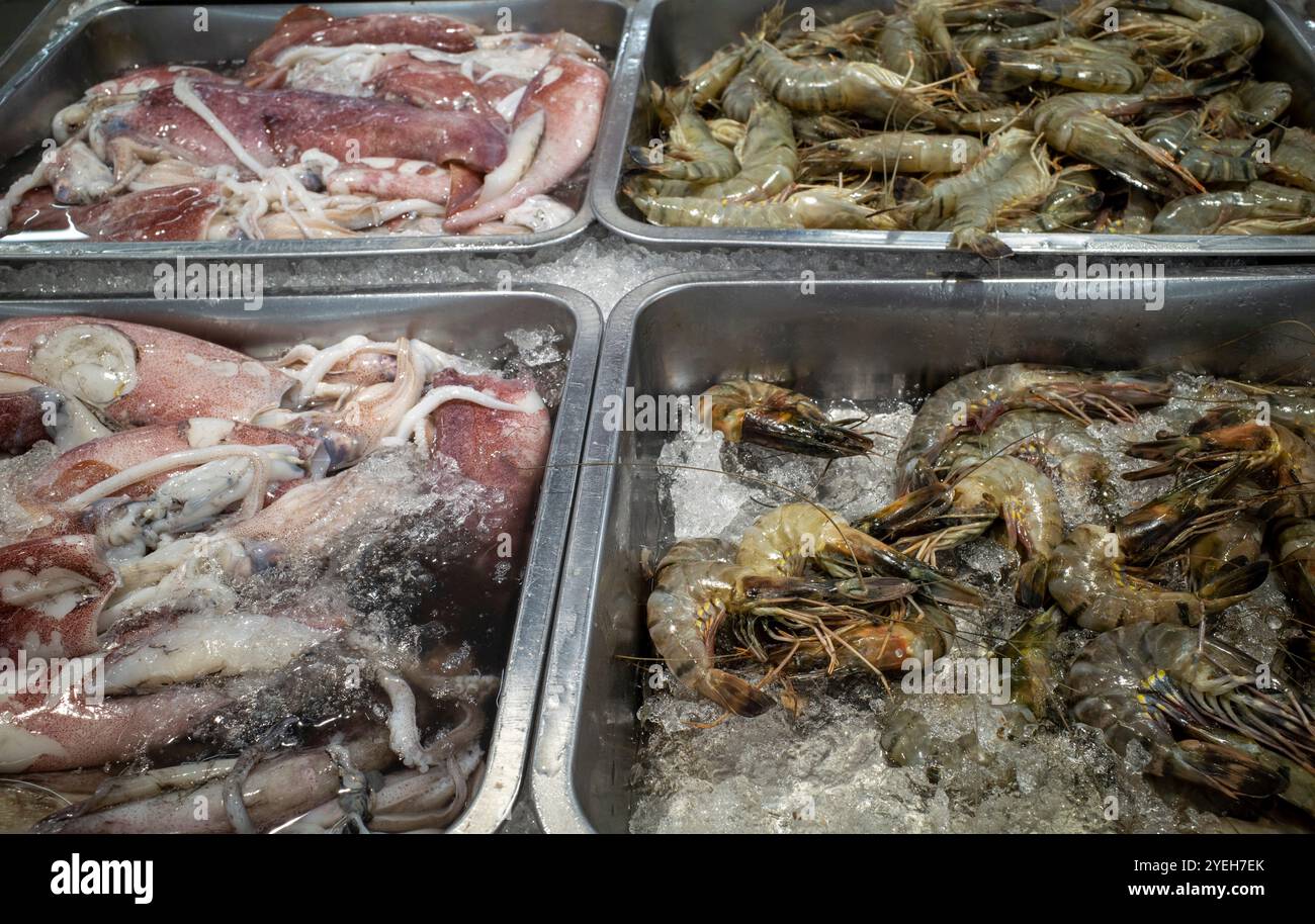 Udang, crevettes fraîches, Littopenaeus vannamei, et Cumi-cumi, calmars sur la glace dans le supermarché de Yogyakarta, Indonésie. Banque D'Images