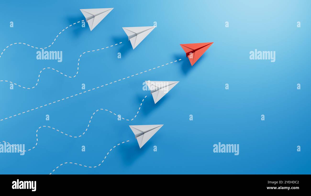 Feuille d'amorce individuelle plan autre. Concept Business et leaderplane. Illustration 3D.rendu 3D sur fond bleu. Banque D'Images