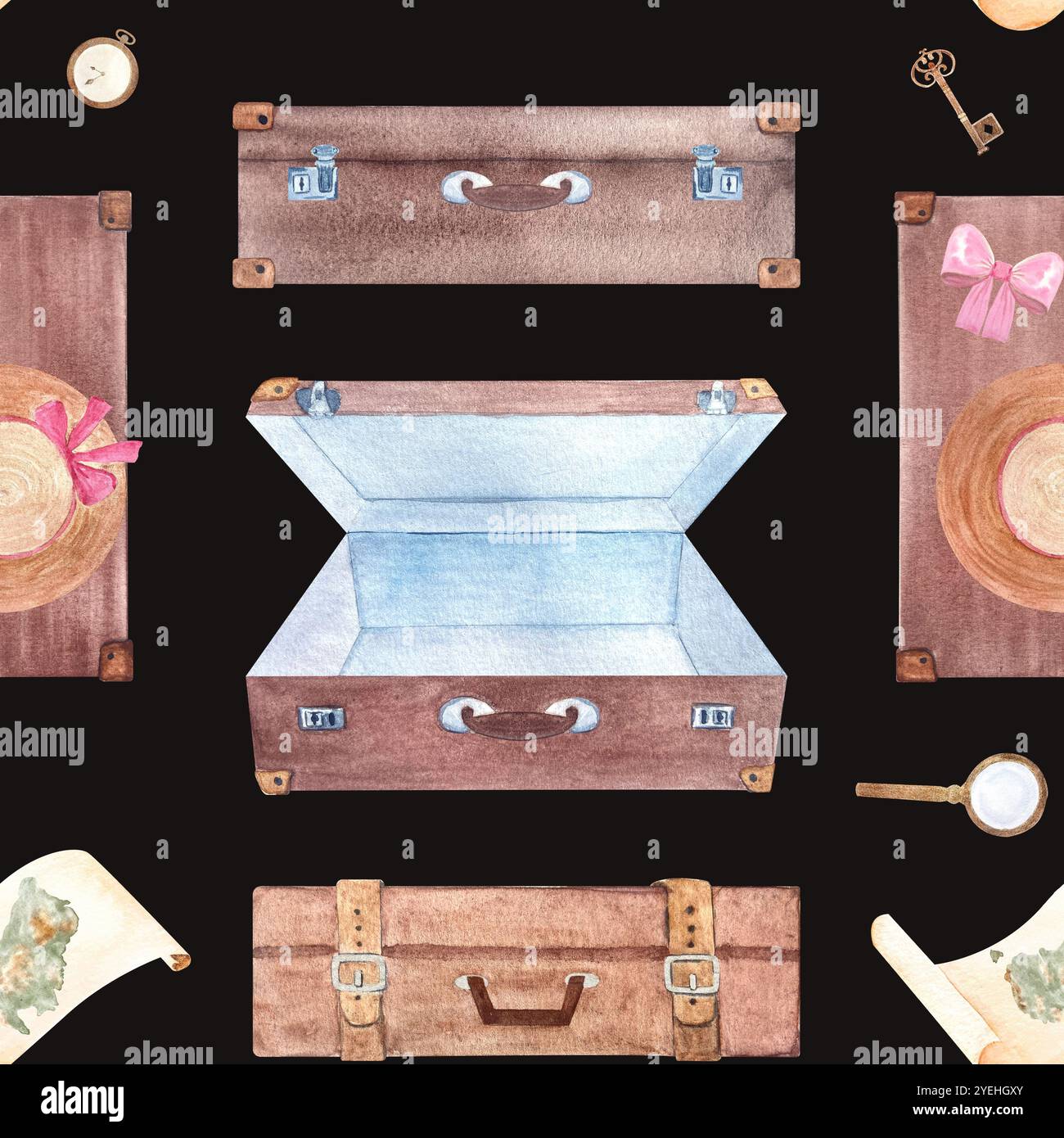 Valises, parchemin avec carte de l'Australie, chapeau de soleil, loupe aquarelle motif sans couture sur fond noir. Dessiné à la main pour stationnaire Banque D'Images