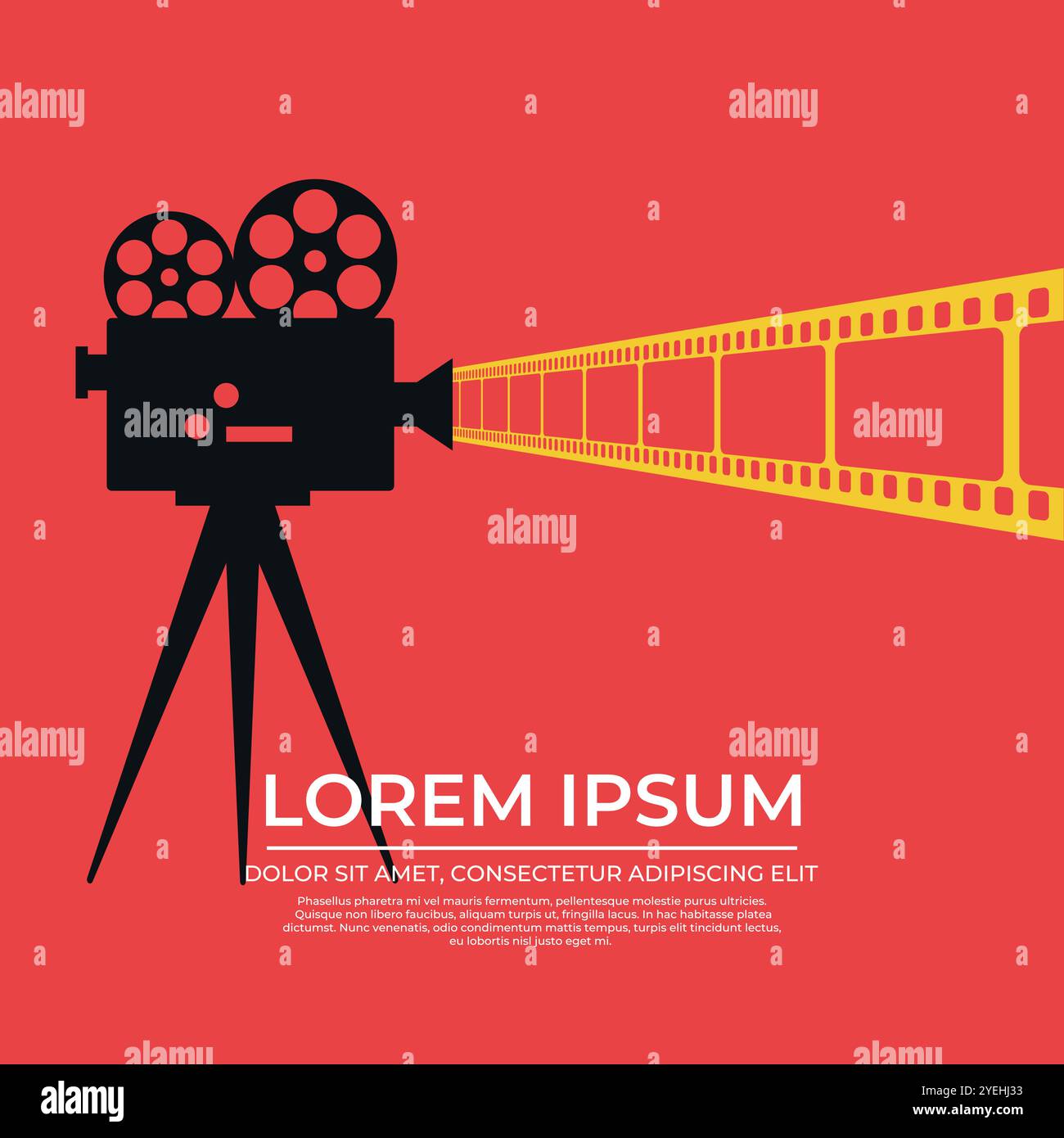 Conception de modèle de première vidéo avec caméra de film rétro et bande de film. Fond d'affiche de film de film lumineux avec texte. Illustration vectorielle Illustration de Vecteur