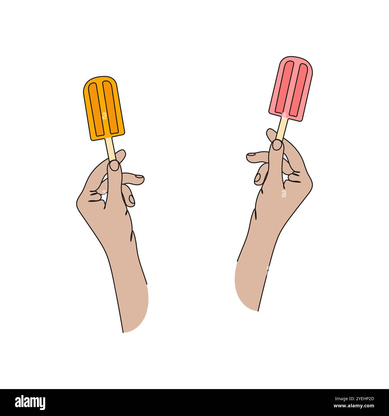 Main humaine tenant la crème glacée. Crème glacée sur un bâton, tarte esquimau. Illustration vectorielle de ligne dessinée à la main. Illustration de Vecteur