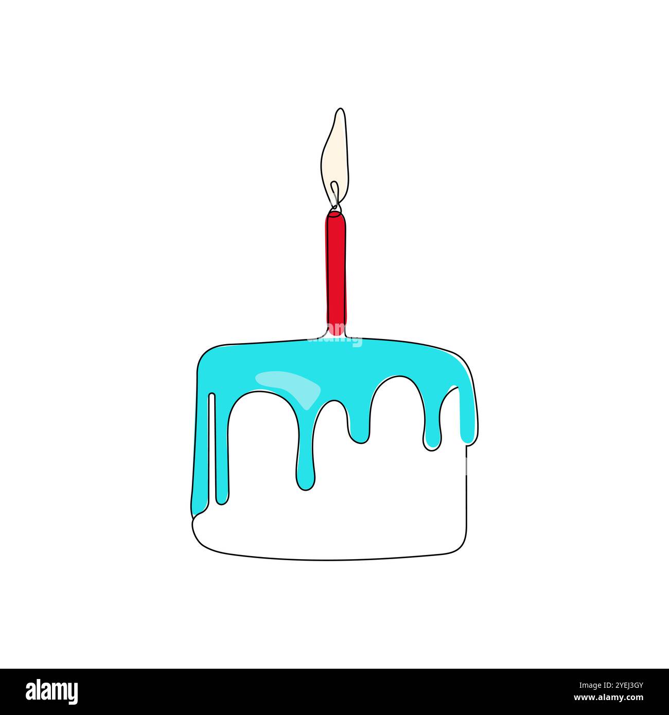Gâteau d'anniversaire avec bougie sur le dessus dans le style de dessin d'art de ligne continue. Croquis linéaire coloré minimaliste isolé sur fond blanc. Dessiné à la main Illustration de Vecteur