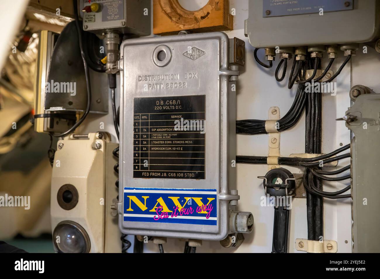 Cette photographie montre une vue rapprochée d'un boîtier de distribution électrique à l'intérieur d'un sous-marin, étiqueté « D.B. C6B I 220 Volts D.C. » Banque D'Images