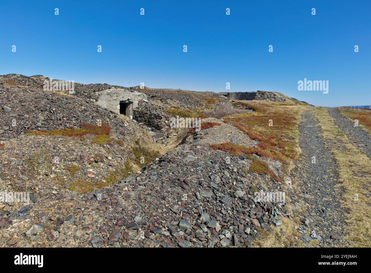 Vue des vieux bunkers allemands de la seconde Guerre mondiale à Veidnes par temps de ciel bleu clair en été, Kongsfjord, Norvège. Banque D'Images