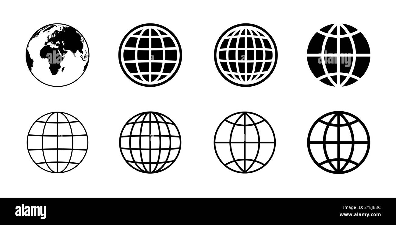 Illustration vectorielle d'icône de globe, planète, carte de la terre, et symboles globaux en forme de cercle, ensemble d'icônes Web de carte du monde, collection d'icônes plates dans le monde entier. Illustration de Vecteur